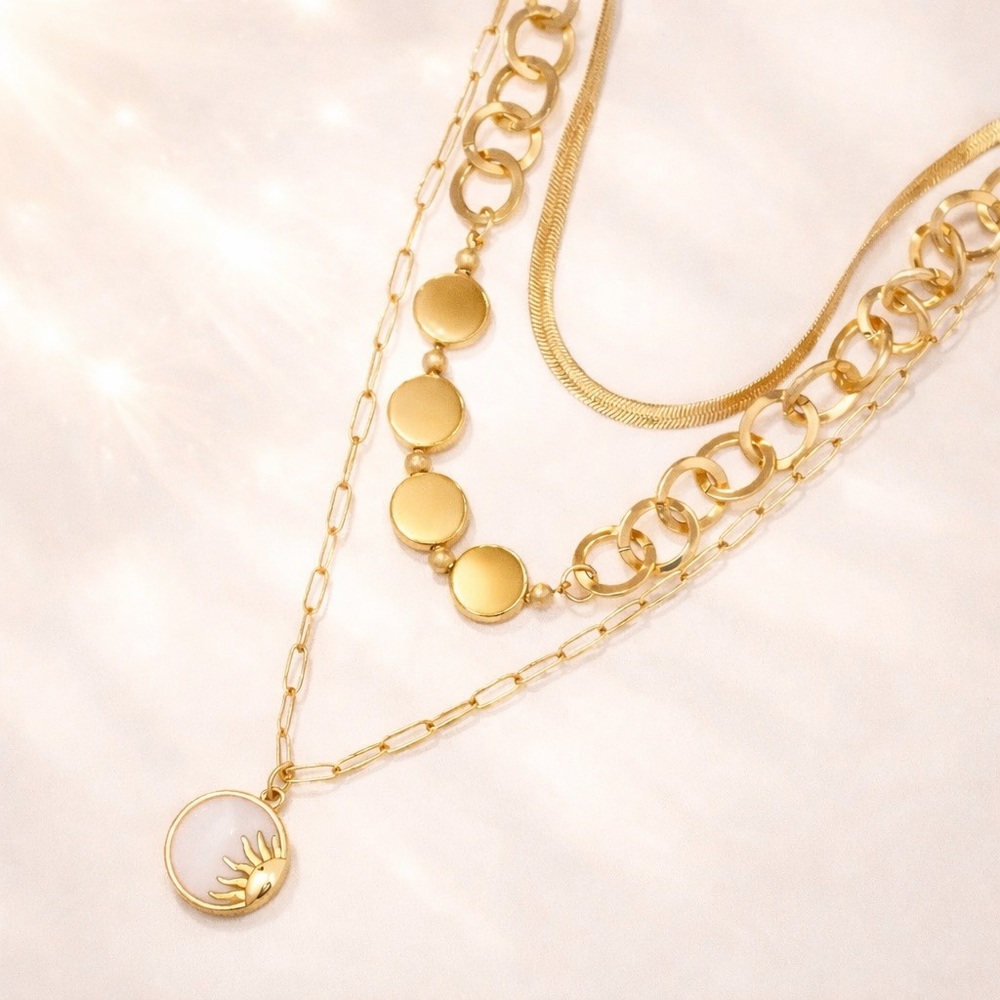 Layered Gold Necklace with Sun Charm